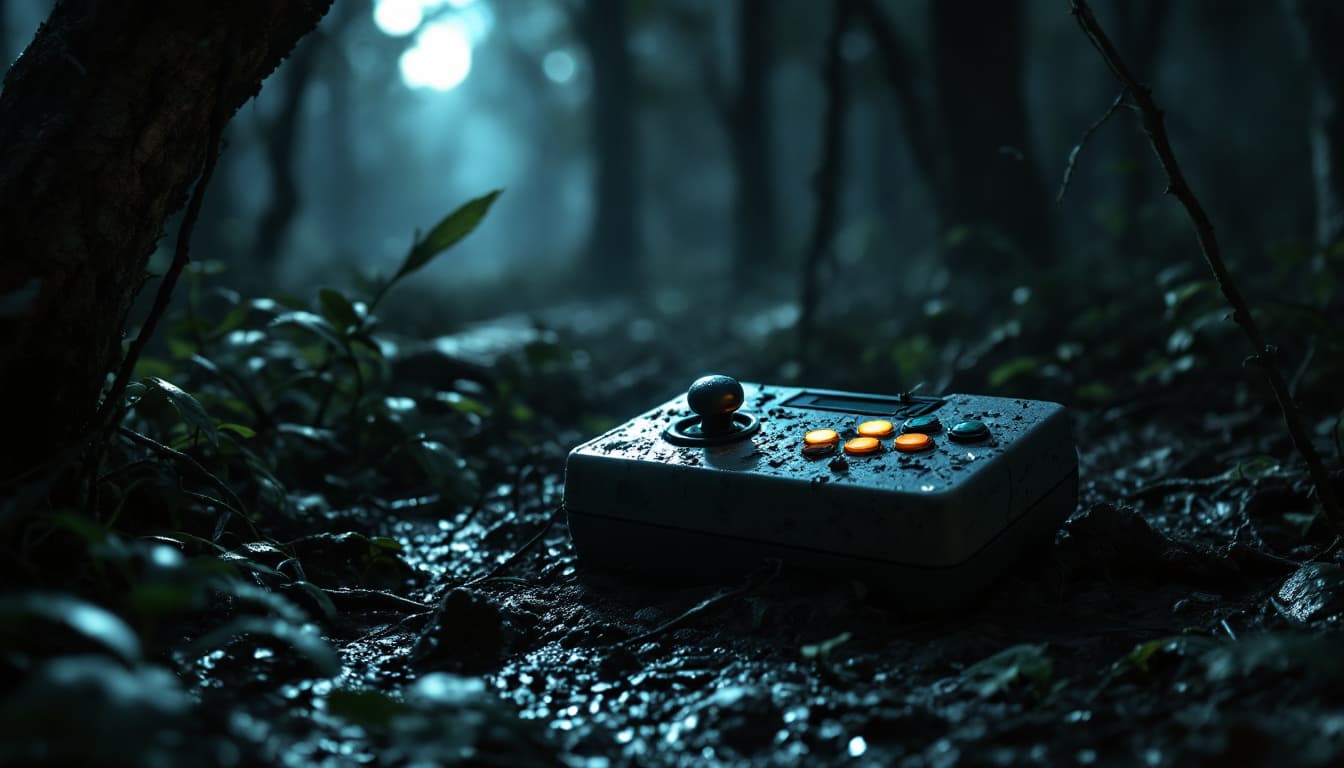AI generated: "A realistic image of a joystick abandoned in a dense forest at night, partially buried in mud and e...