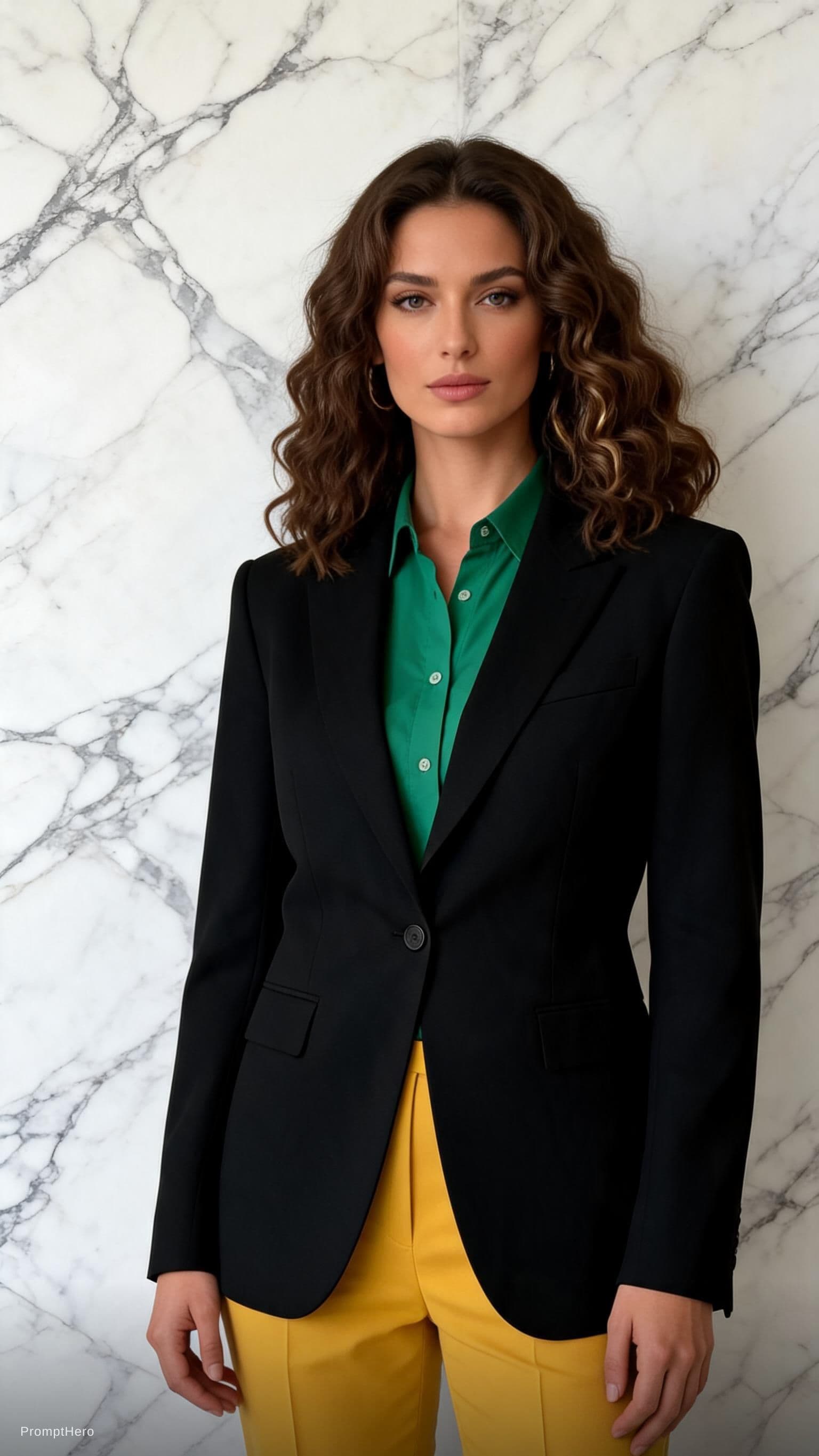 AI generated: fashion cover, front view, upper-body, woman model, white marble wall, black suit, green shirt, yell...