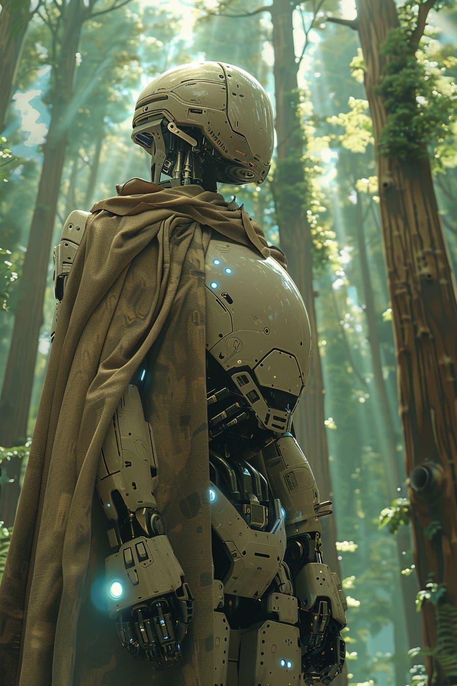 AI generated: a robot in a tall forest. The robot is high tech with beige exoskeleton and blue olwing lights insid...