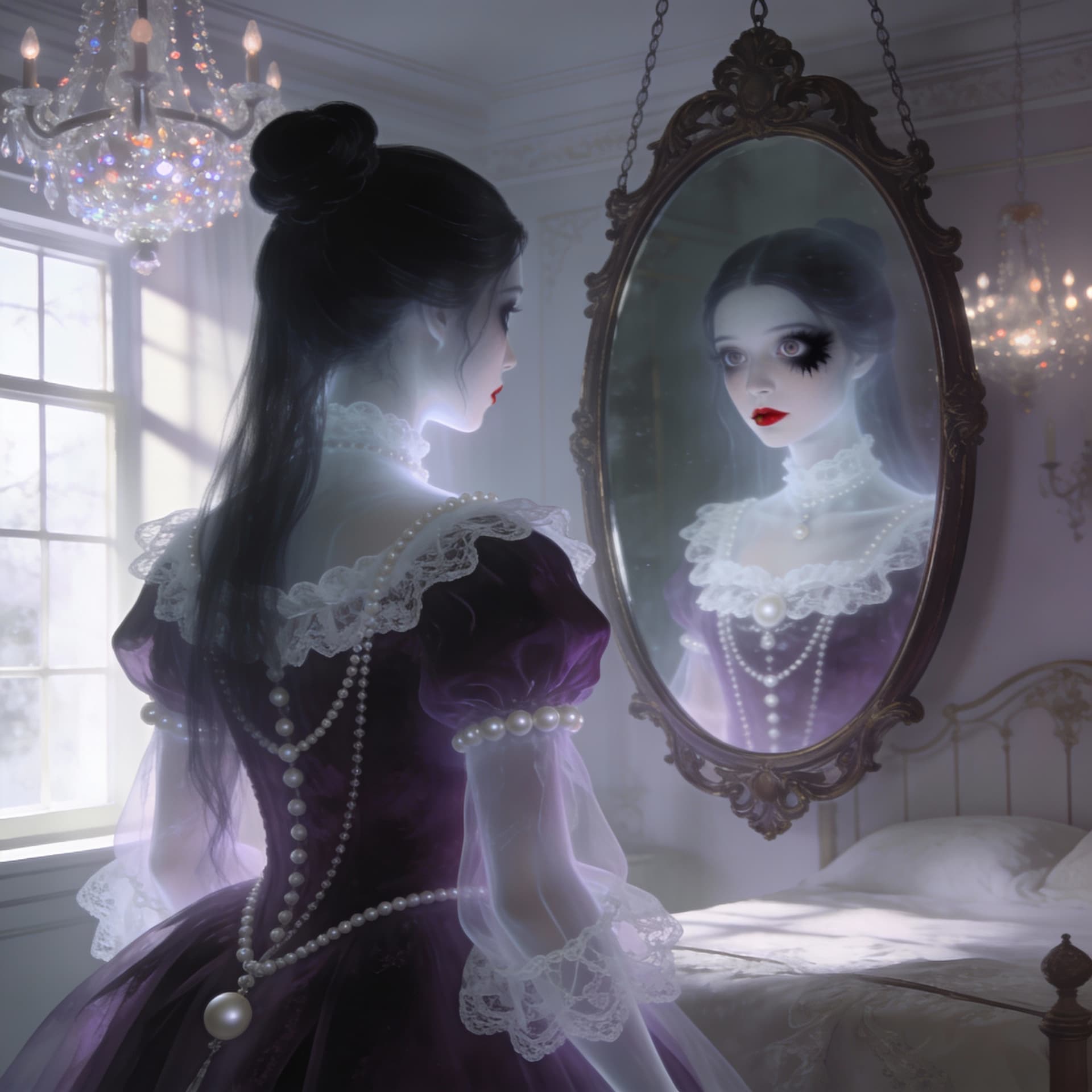 AI generated: young victorian female ghost with long black hair tight together to a knot up her head dressed in a ...