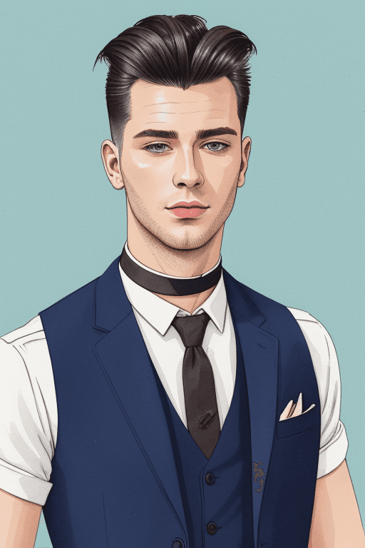 AI generated: illustration, ink color, gouache watercolor, young man, solo, handsome_male, choker, burly, waistcoa...