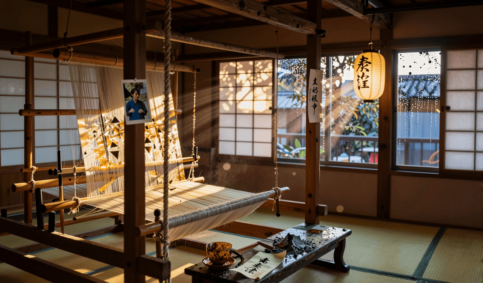 AI generated: An abandoned Japanese silk weaver’s workshop frozen in time at golden hour, wooden loom frames stand...