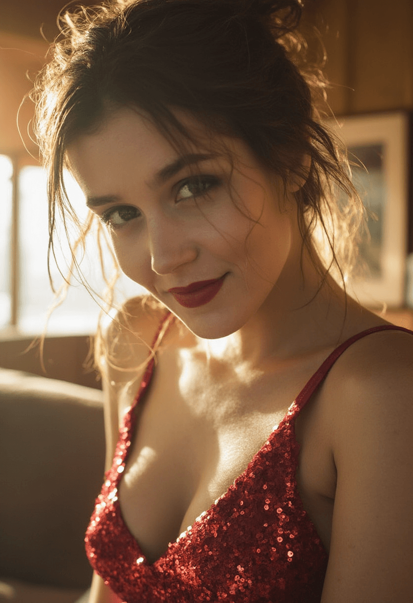 AI generated: Capture a close-up portrait of a fit adult woman in a red sequined dress, her hair styled loosely wi...
