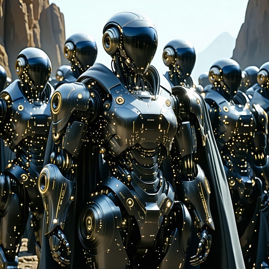 AI generated: Create a visual, show these forces as a peaceful occupying force upon a planet. The figure is leadin...