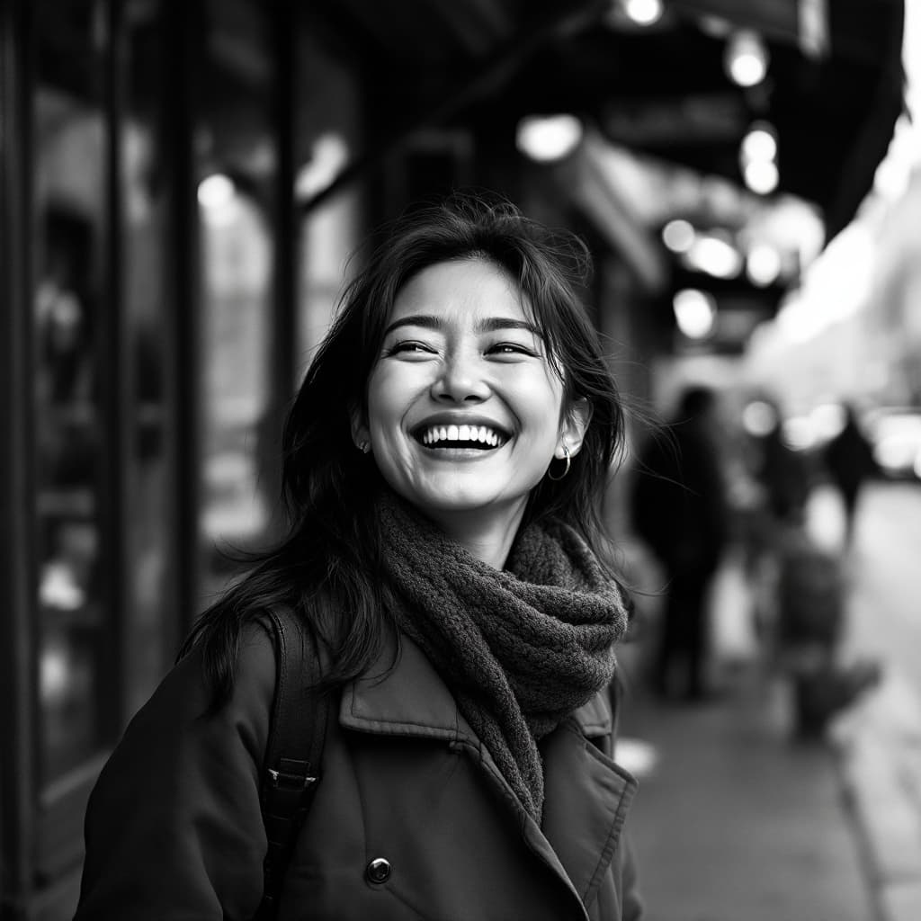 AI generated: Black and white portrait of an Asian woman laughing softly as she walks past a café in Paris, caught...