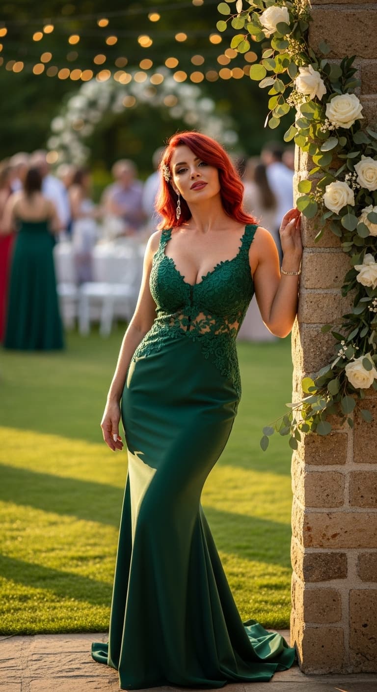 AI generated: Realistic full body image of a woman, red hair, long dress (with straps) at a wedding. people in the...
