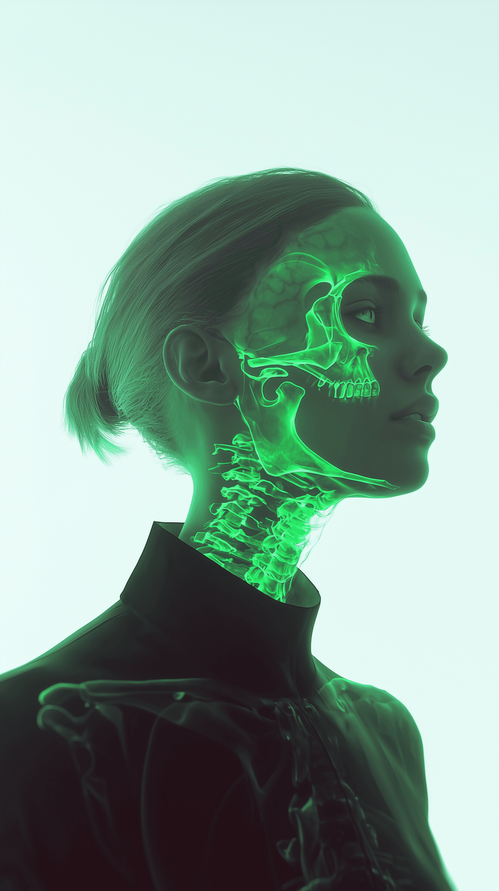 AI generated: futuristic, ethereal portrait of a woman with transparent skin revealing her skull. glowing with a n...
