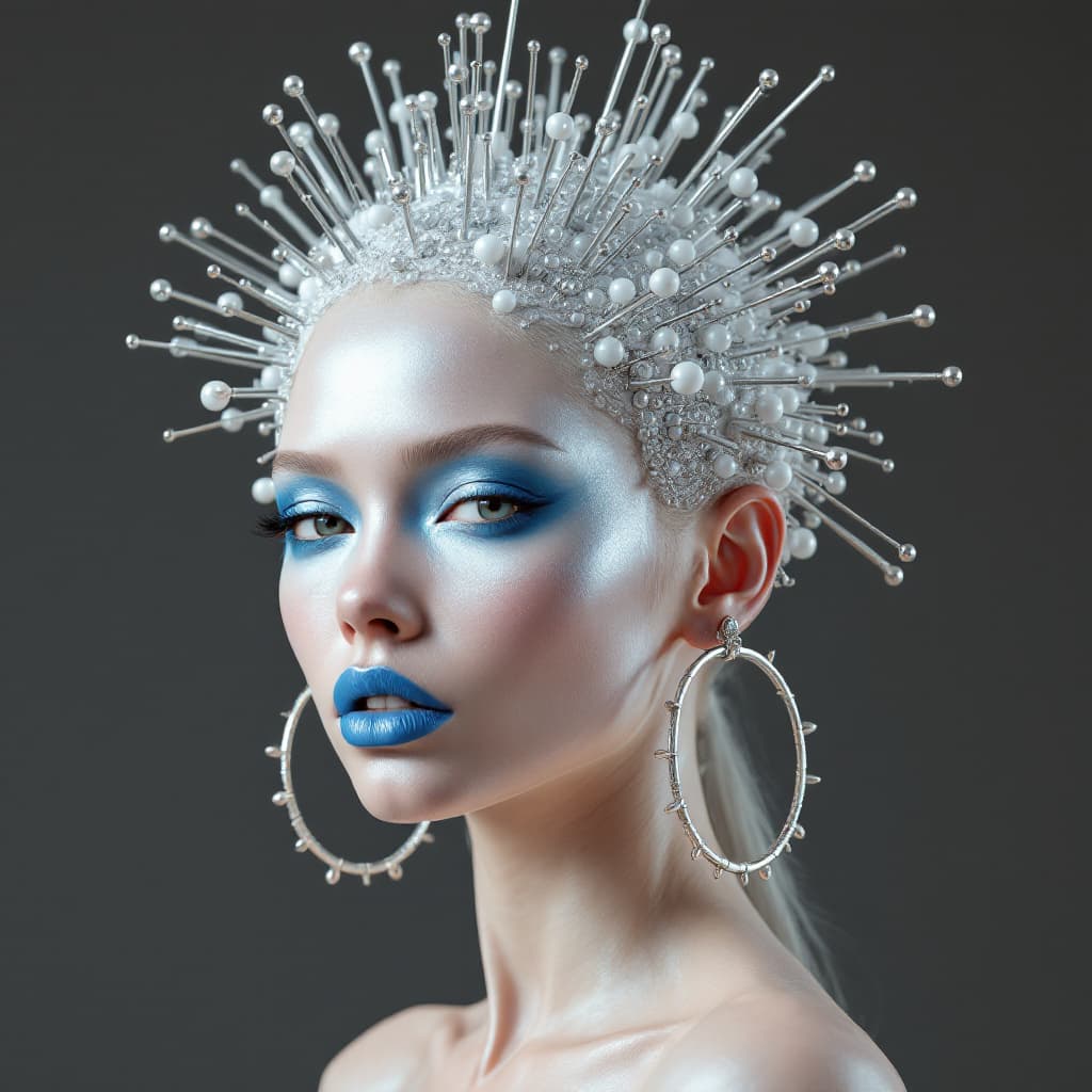 AI generated: A model with silver makeup and blue lipstick, wearing an elegant white headpiece adorned with metall...