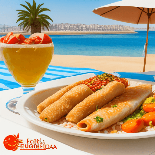 AI generated: logo mediterranean food, beach, sun and fish with text "Fuengirola Food"