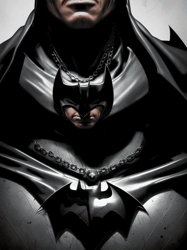 AI generated: metallic pendant with a engraving of batman's mask, dark knight, in the style of comics, 8k, rough, ...