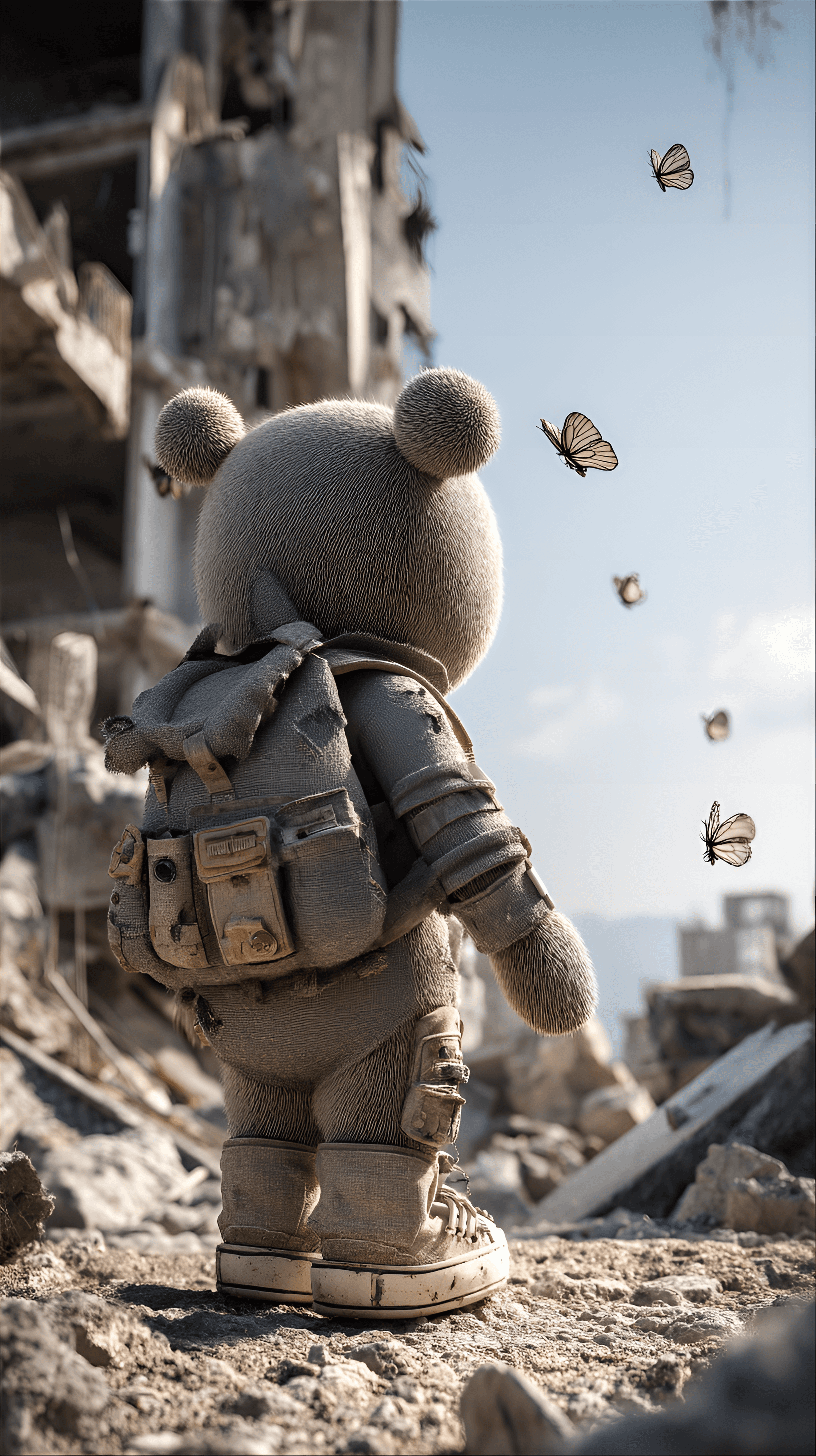 AI generated: kawaii, post-apocalyptic, little bear with a backpack, exploring ruins, adventurous, interacting wit...
