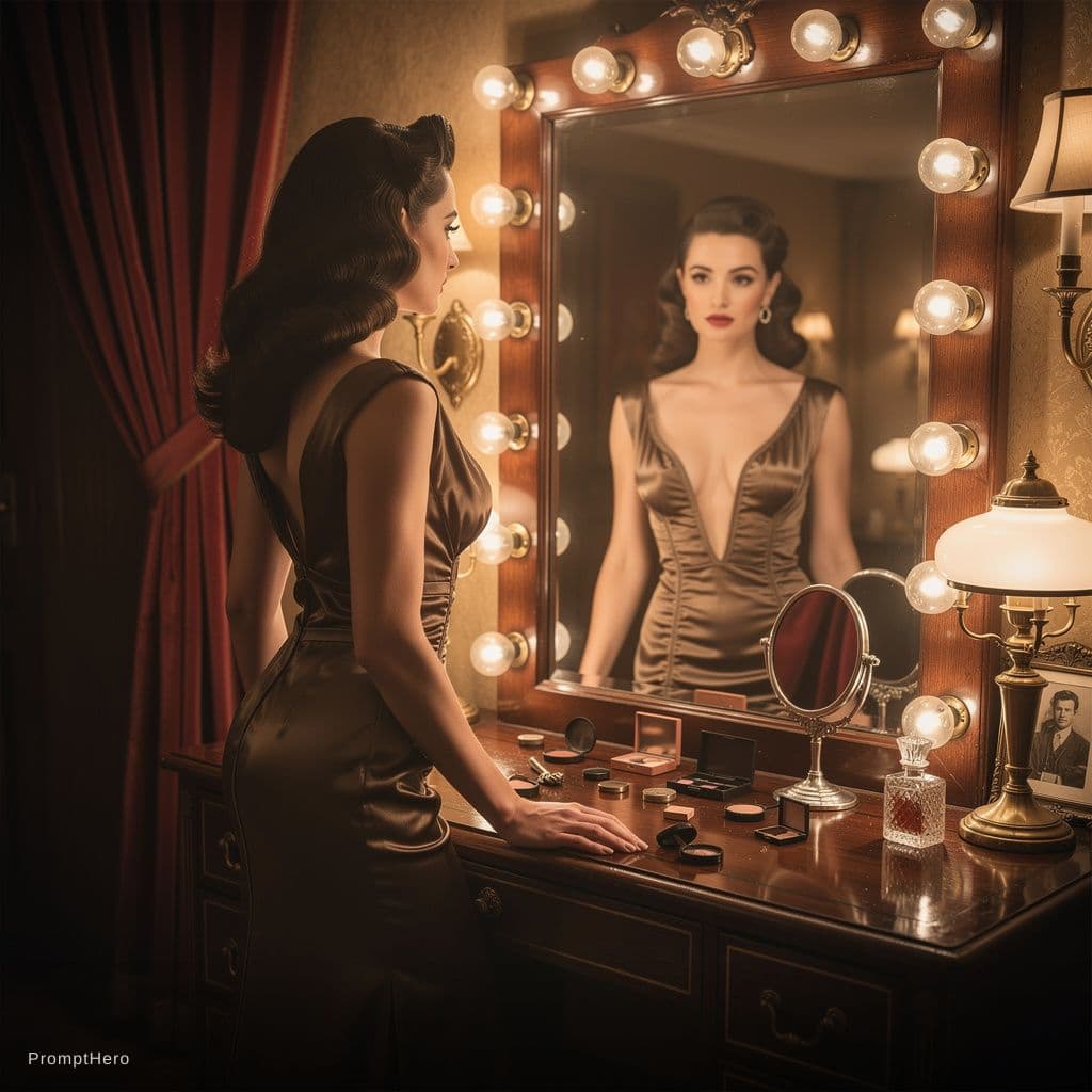 AI generated: A softly lit vintage dressing room glows with warm amber light as a woman stands before a mirror, ca...