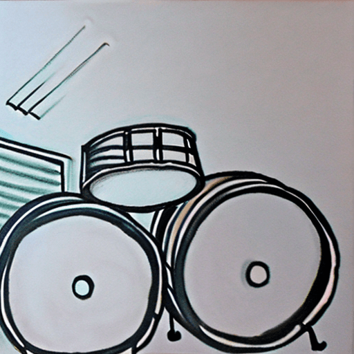 AI generated: drawing of a drum set,white color drawing,big drums and toms,cymbals normal size