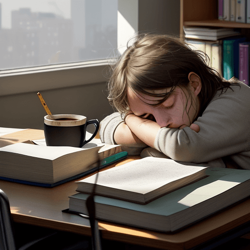AI generated: Create an image of a student in their study space who looks exhausted and sleep-deprived, with visib...