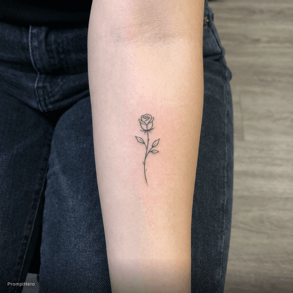 AI generated: small minimalist rose on inner forearm, fine line black ink