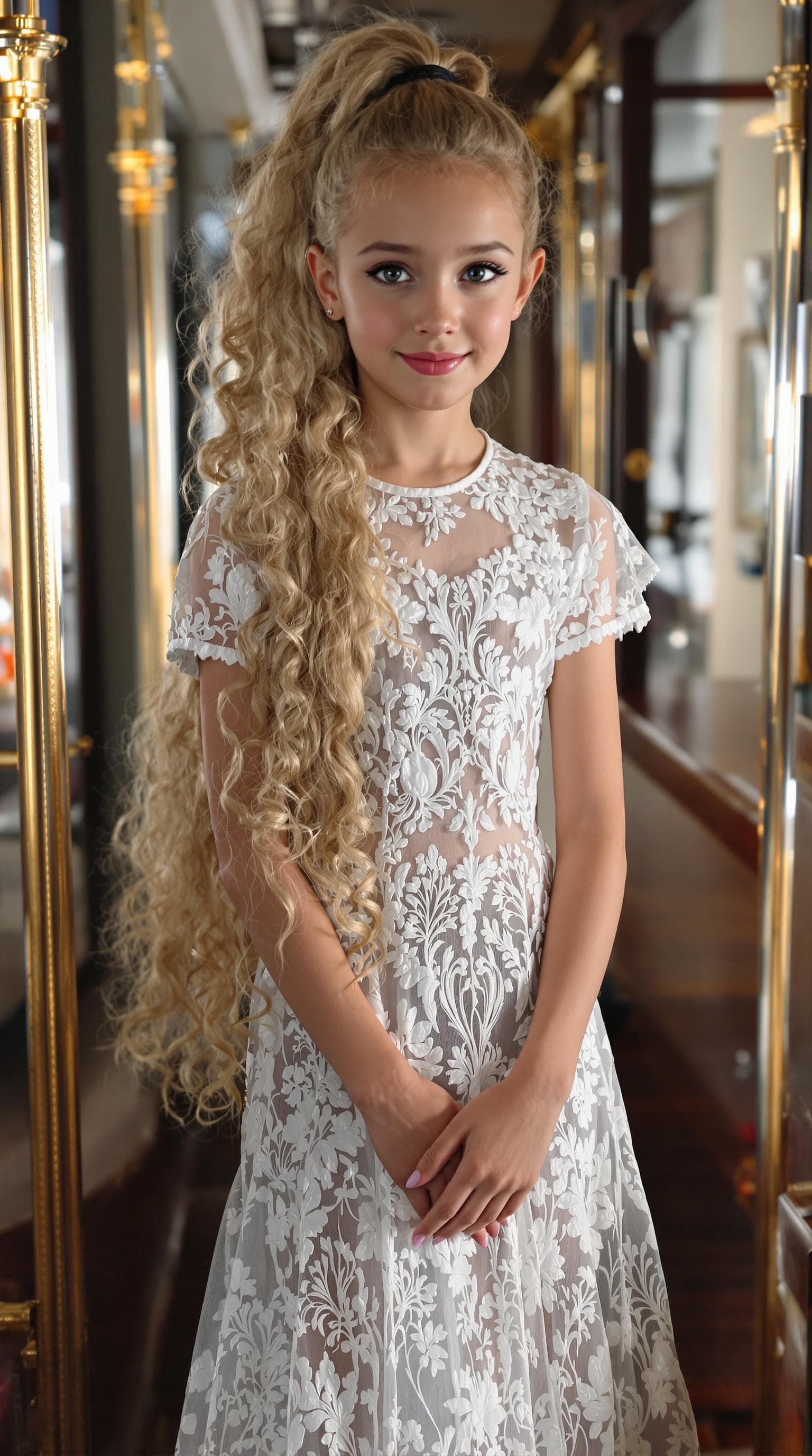 AI generated: a professional photo of a exceptionally beautiful girl aboard the Queen Mary (age 7), (seven year ol...