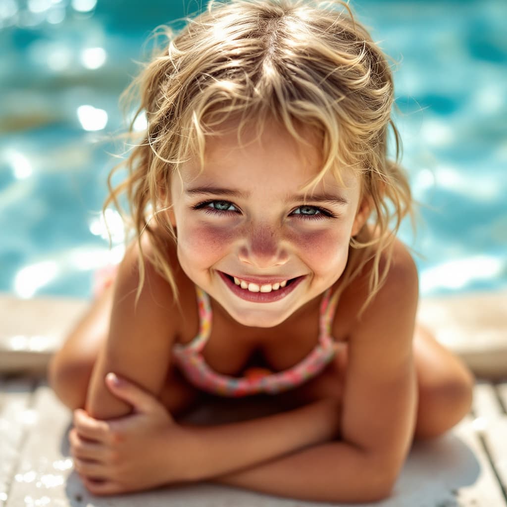 AI generated: cute little girl by the pool, blonde, petite, tan, on her knees, beautiful, sweating from the heat
