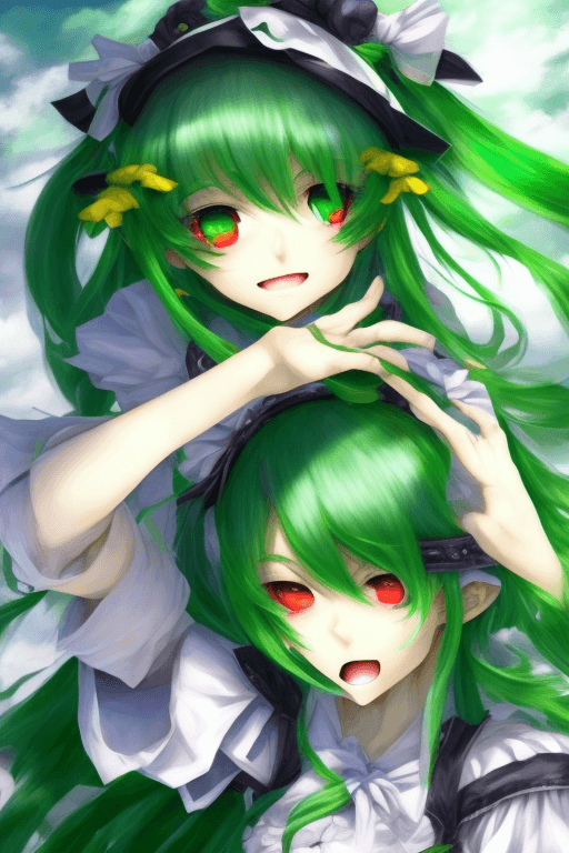 AI generated: masterpiece, best quality, touhou, soga no tojiko, green hair, Helltaker, <lora:tojiko_v0.1:0.5>, <l...