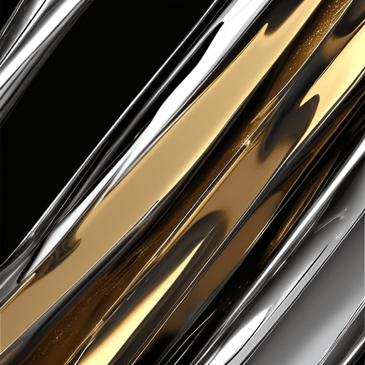 AI generated: highly reflective, polished gold metal surface, distorted and twisted into abstract shapes, reflecti...