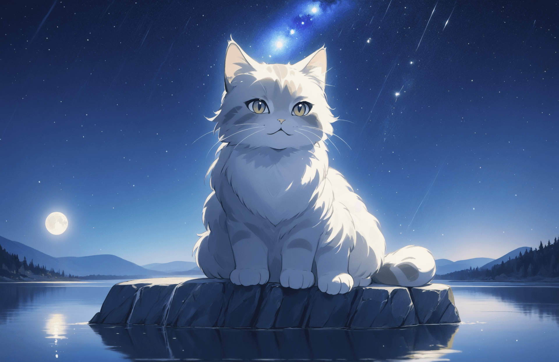 AI generated: ('young 1cat':1.2) with grey fur with white streaks, (symmetric face: 1.2). sitting on a (sapphire:1...