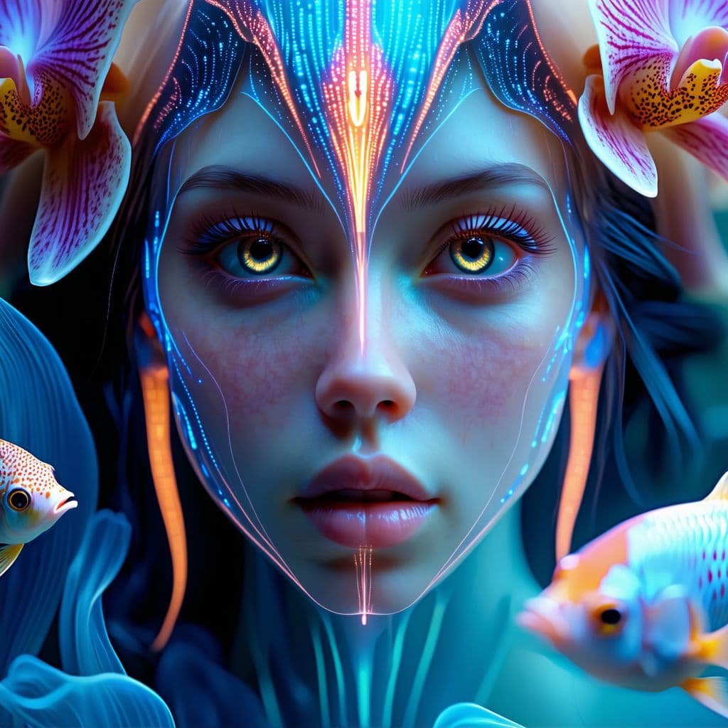 AI generated: Goddess close-up portrait ribcagel. jellyfish phoenix head, nautilus, orchid, skull, betta fish, bio...