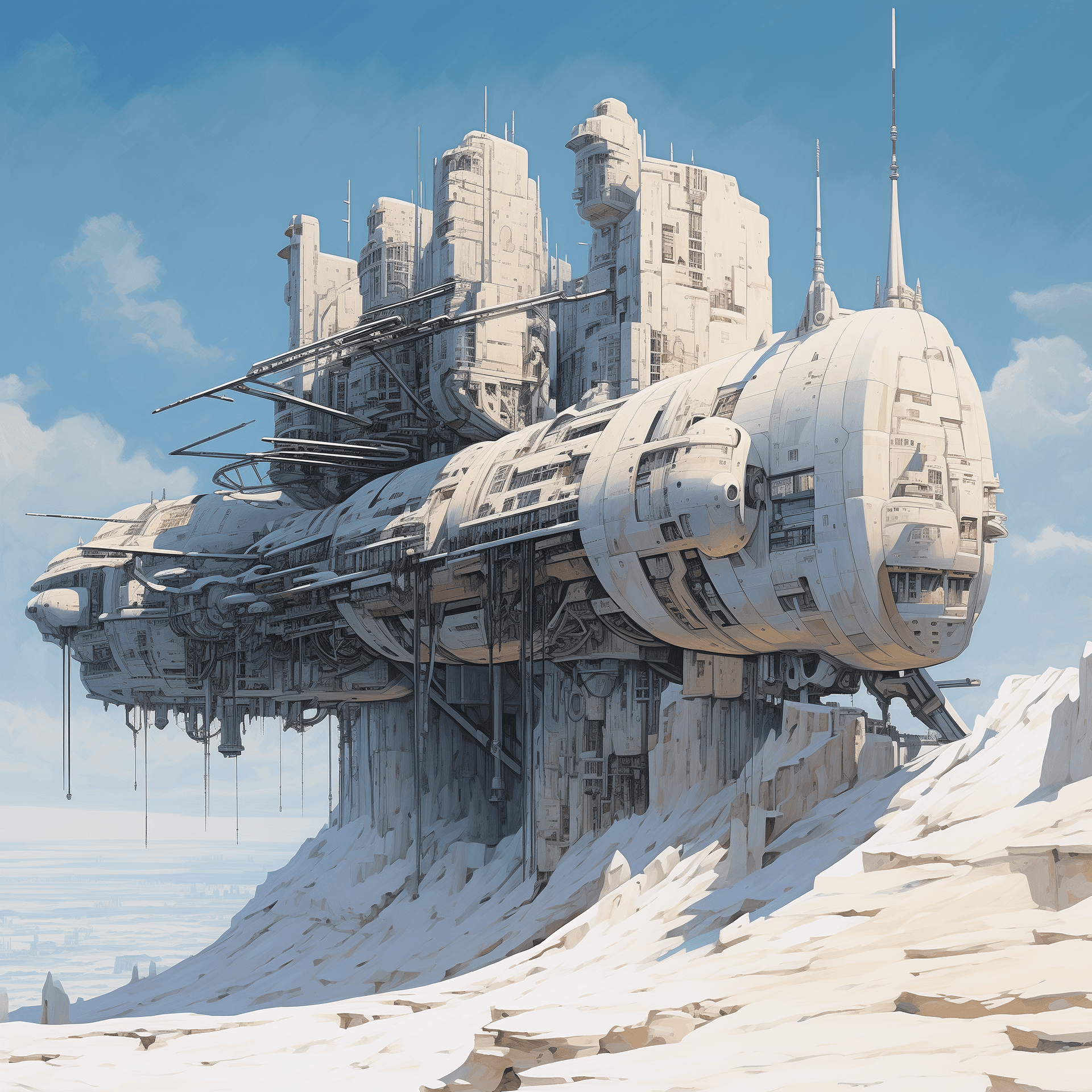 AI generated: futuristic spaceship floating, blue and beige color, snow and ice background, in the style of fantas...