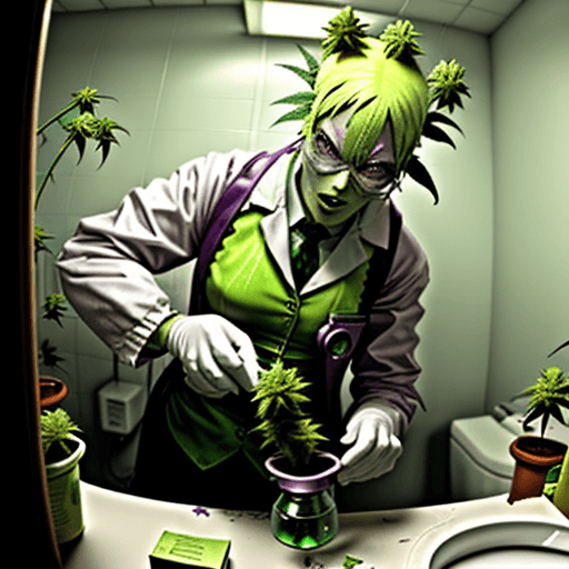 AI generated: a crazy radioactive chemist making marijuana flowers in a small bathroom full of marijuana plants