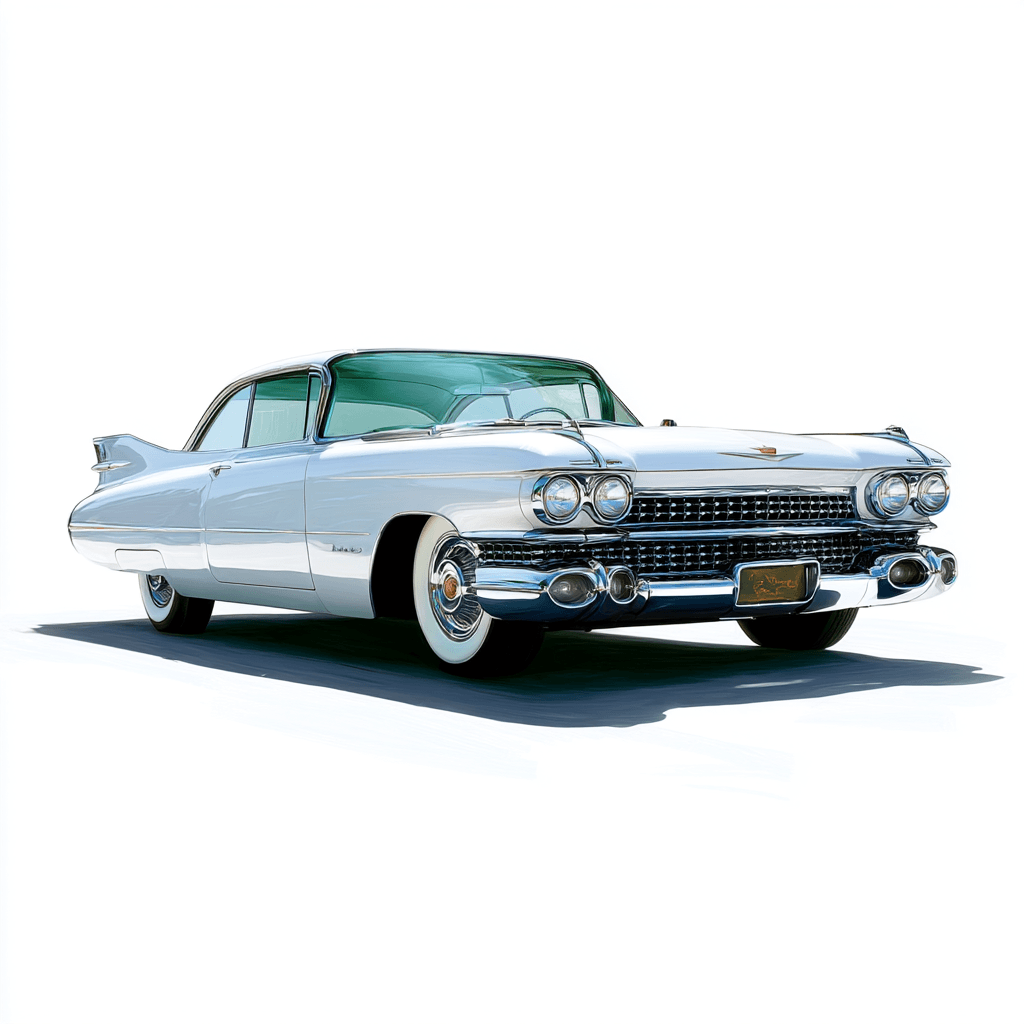 AI generated: vintage 1959 Cadillac Eldorado clipart, showcasing its extravagant tailfins, chrome grille,
and lux...