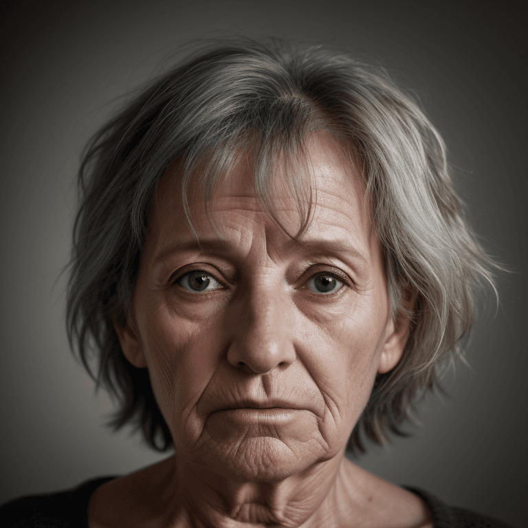 AI generated: hyper realistic headshot photo of a 60 year old,  unkempt woman, she has a depressed look, looking i...
