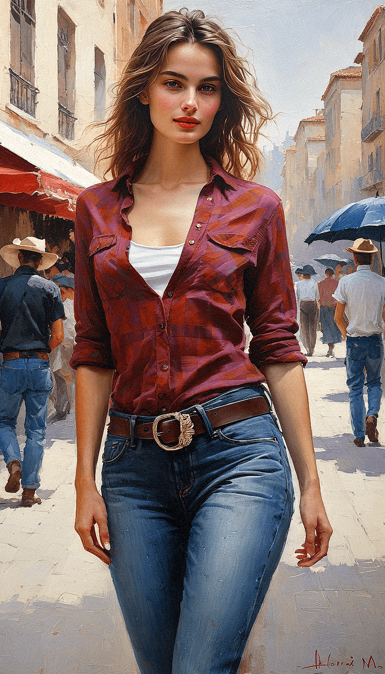 AI generated: A water-color painting features a woman wearing a red check shirt and blue jeans, standing on a side...