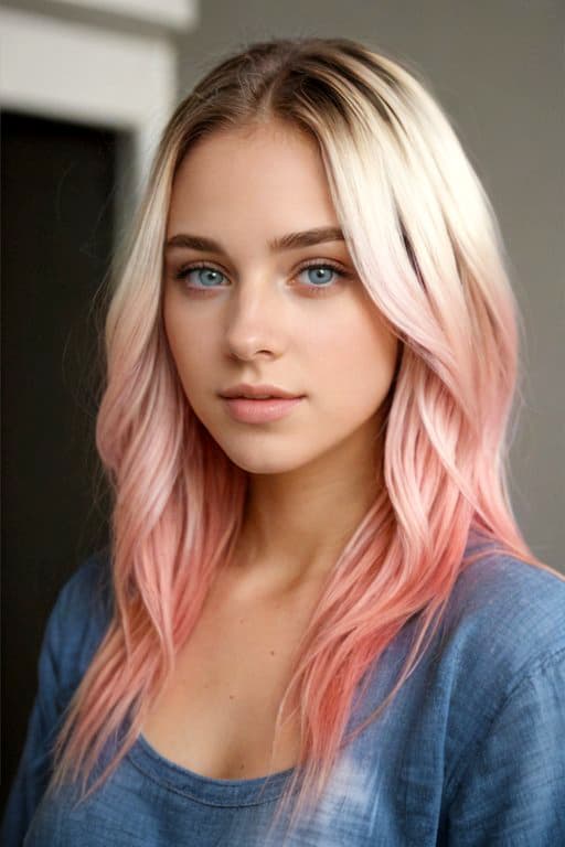 AI generated: Portrait photo of a pretty young lady with light blue eyes, (ombre:1.3) blonde pink long hair, indoo...