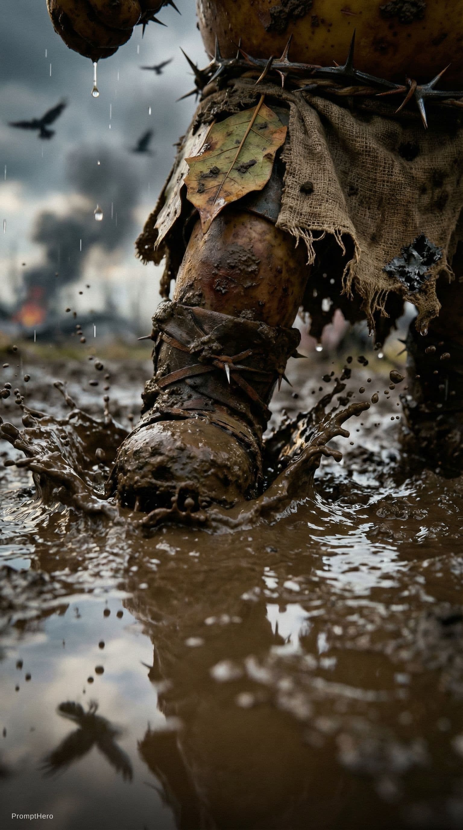 AI generated: Close up cinematic shot of the same potato warrior walking through mud, focus on legs struggling in ...