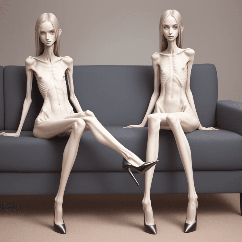 AI generated: naked girl  very skinny anorexic legs with anorexic calves  in high heels, high heels, the tips of t...