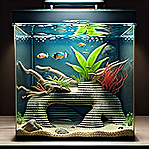 AI generated: 30x30x30 cm aquarium for Badis tyger from Myanmar. Fine beige sand substrate. Eroded, rounded sandst...
