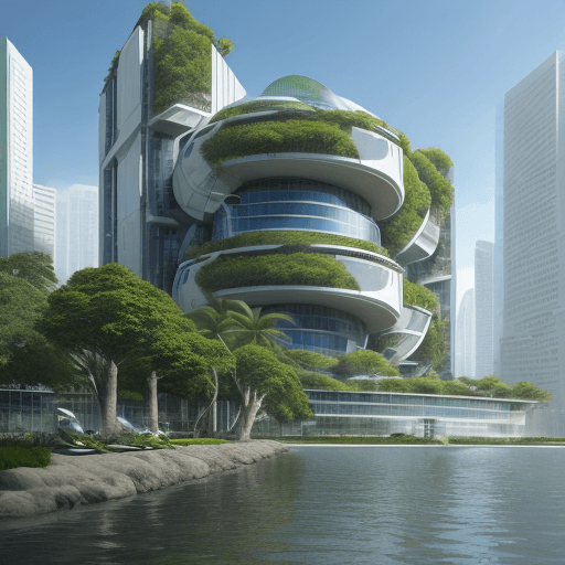 AI generated: exterior perspective of a futuristic building, rising sea levels, green space, living with water, ru...