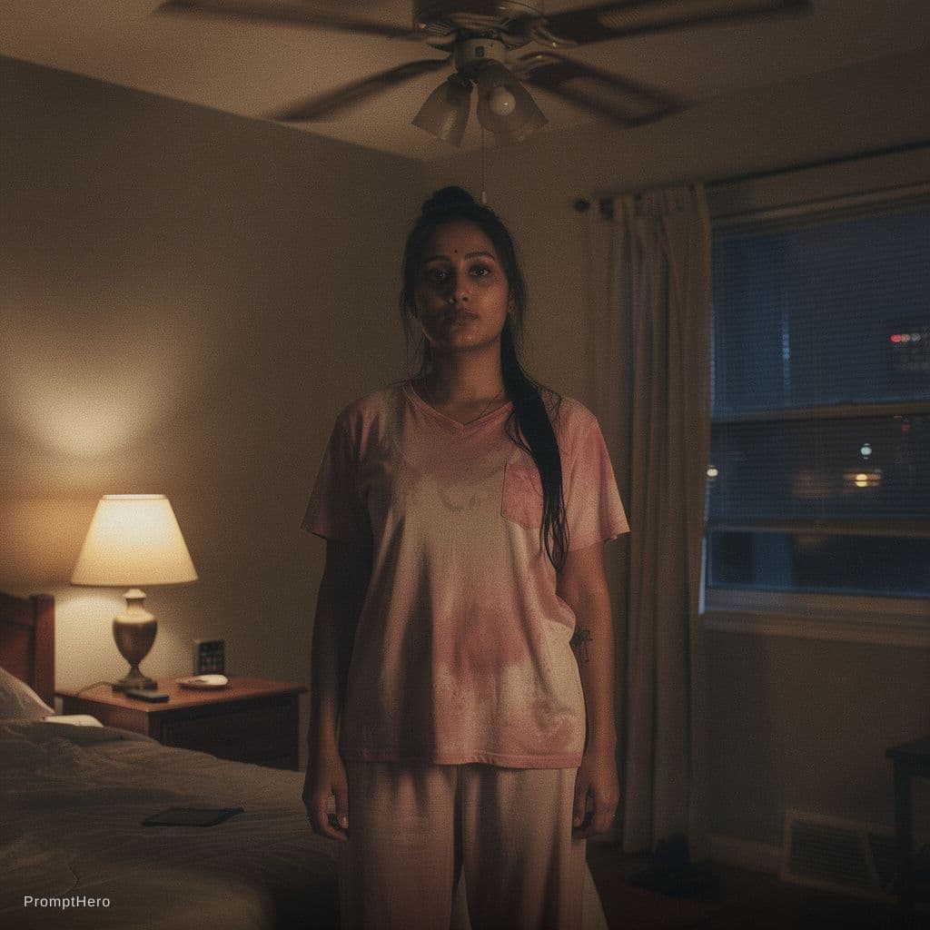 AI generated: A candid documentary style image captures a woman standing beneath a slow ceiling fan, heat hanging ...