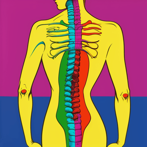 AI generated: a human upper body in which the spinal column is highlighted, in a pop art style, in bright colors. 