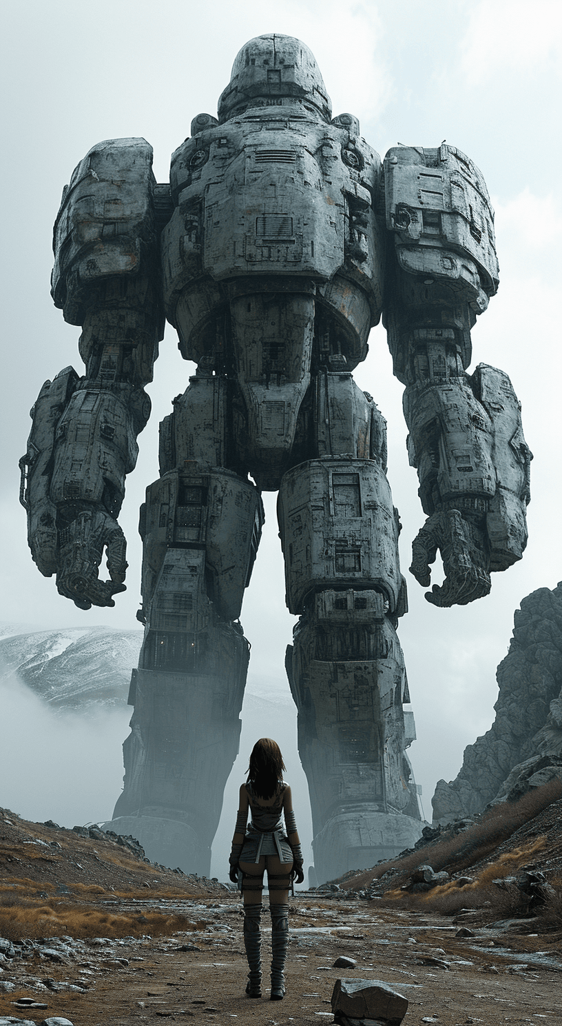 AI generated: the woman stands in front of a giant statue, in the style of cinematic sets, fenghua zhong, alessio ...