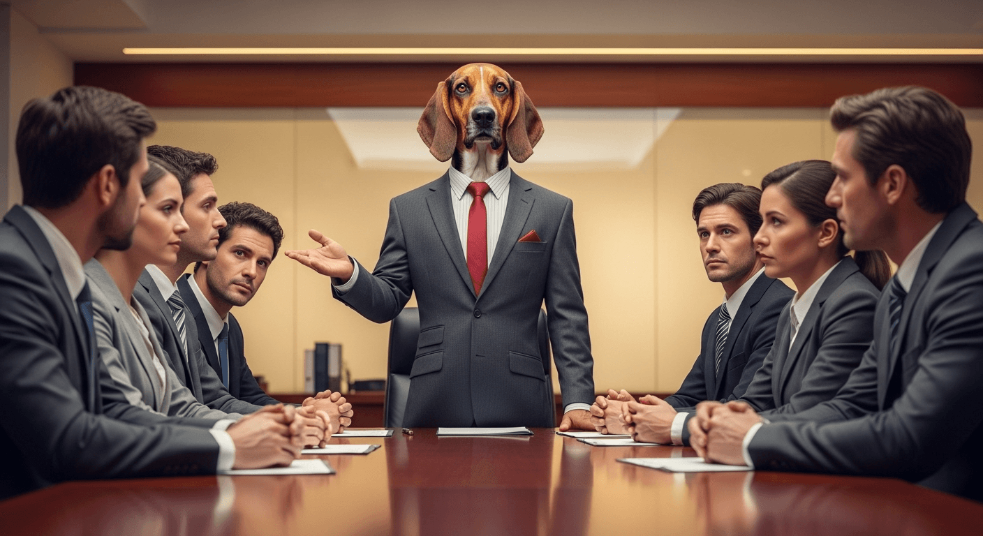 AI generated: A real Portuguese hound dog wearing a business suit, the dog has the body of a human with dog attrib...