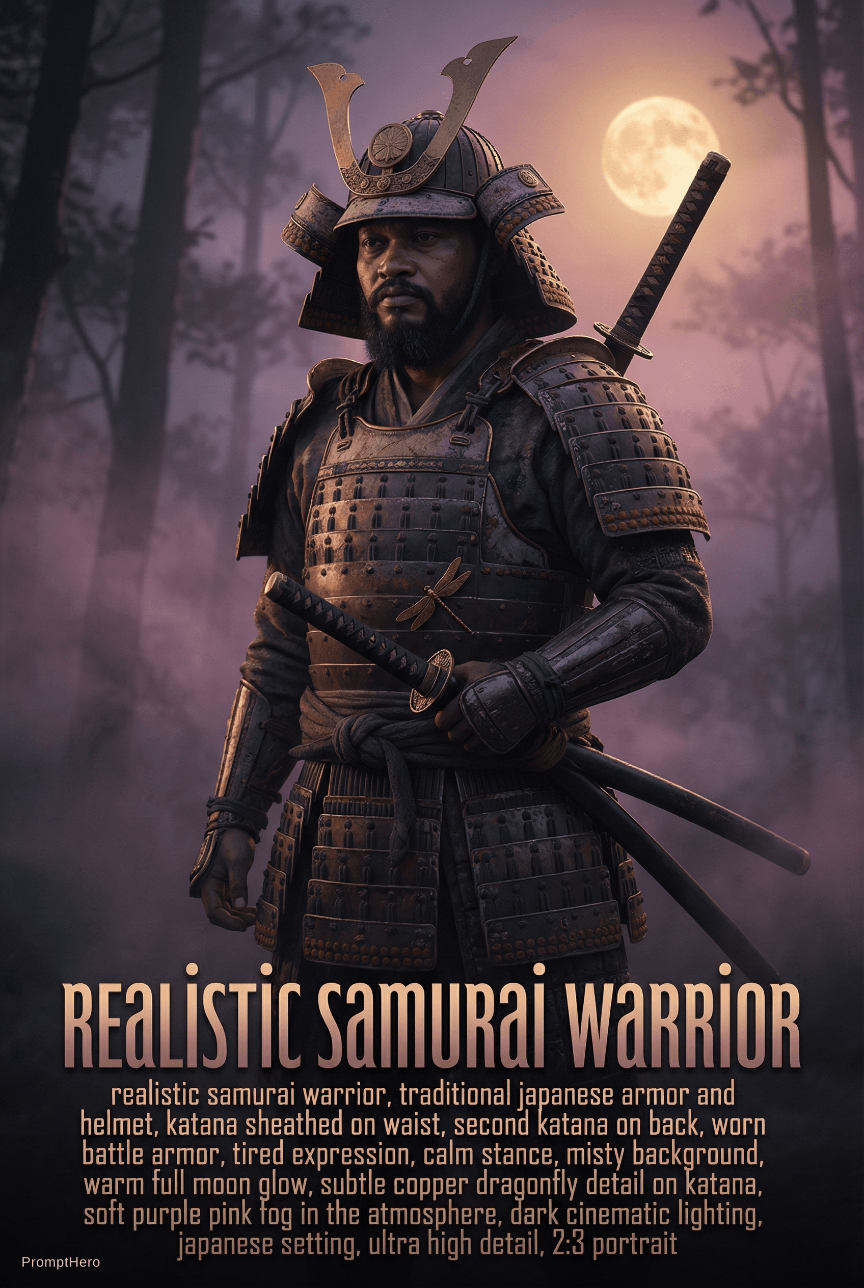AI generated: realistic samurai warrior, traditional japanese armor and helmet, katana sheathed on waist, second k...