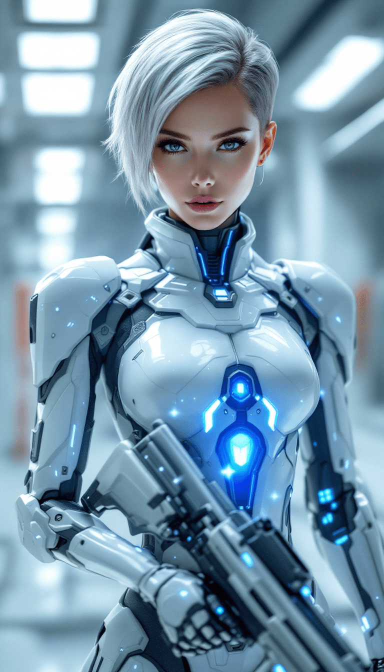 AI generated: Dynamic angle, full body view, realistic, female android warrior, short, silver hair, sleek cybernet...