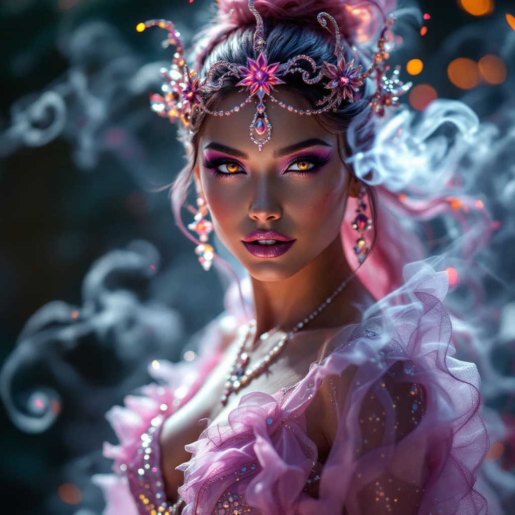 AI generated: In the center of the frame stands a sultry divine element, her skin aglow with ethereal light, her e...