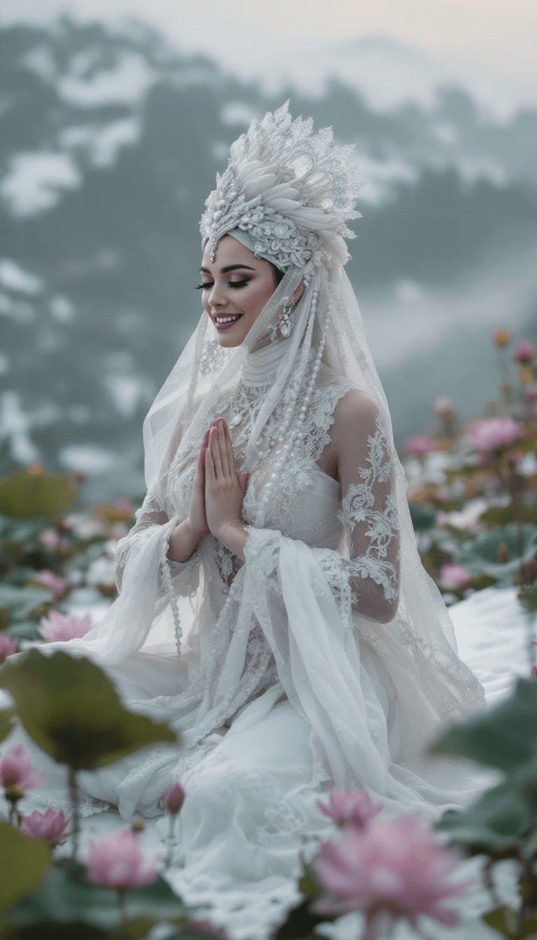 AI generated: Candid closeup photo of a giggling eccentric traditional Siberian queen doing yoga, on top of snowy ...