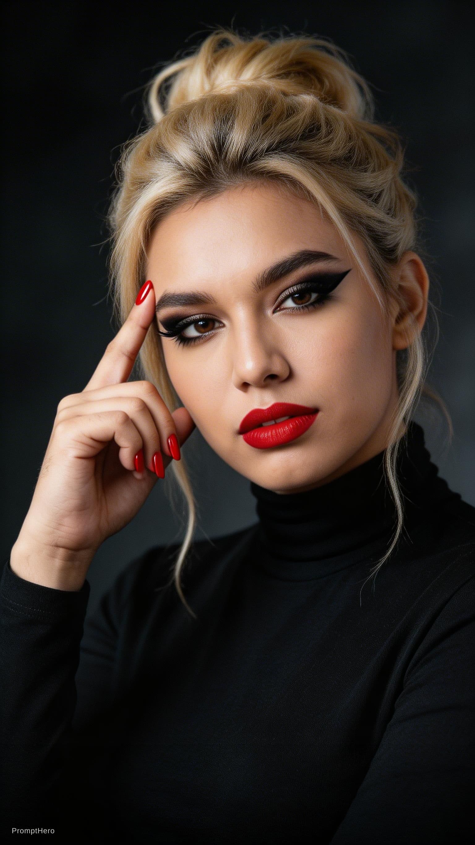 AI generated: A cinematic close-up portrait of a striking woman in a sleek black turtleneck, her face softly illum...