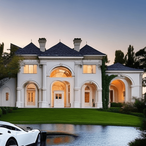 AI generated: mansion, stone arch, double door, 6 car garage, white McLaren, white Rolls Royce, lake front over lo...