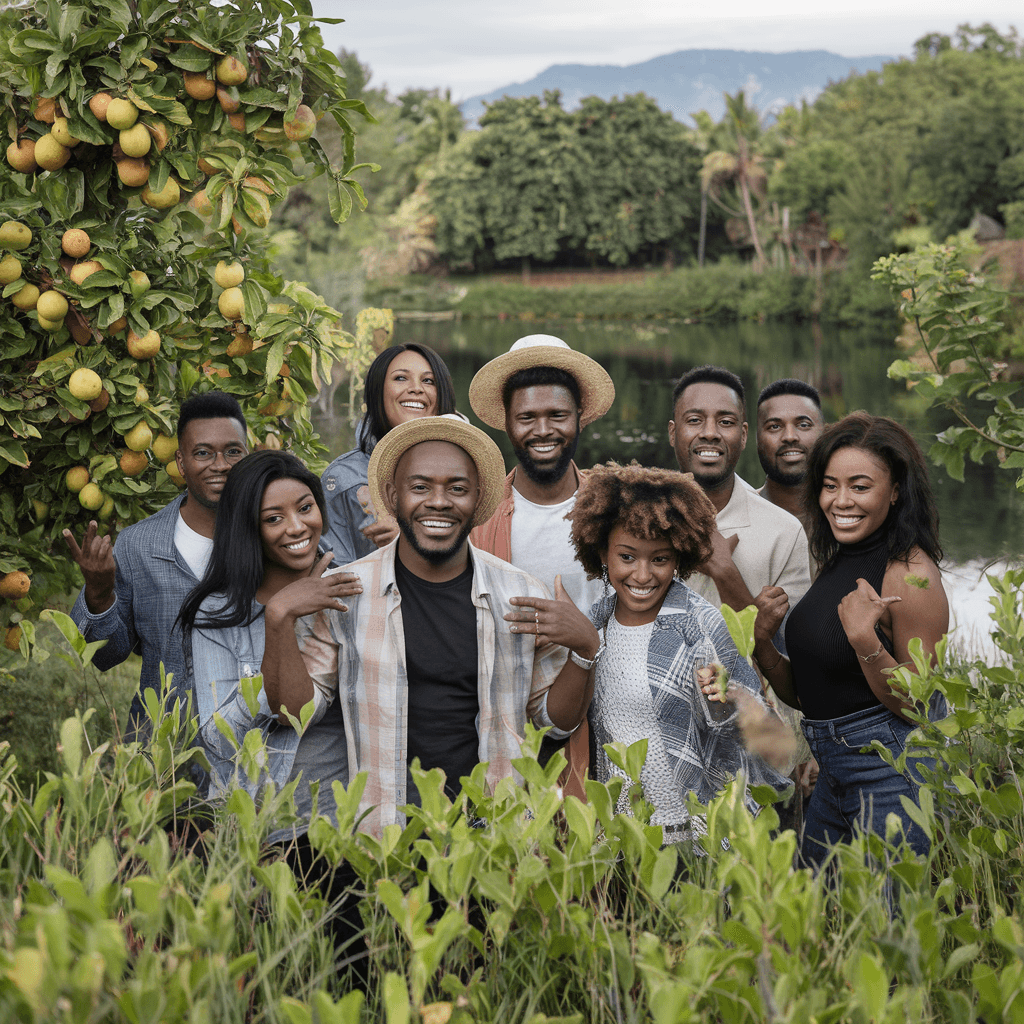 AI generated: Freedom using travel, land, family, friends, fruit trees, lake and joy with more black people