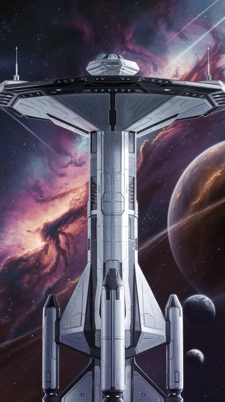 AI generated: A highly detailed concept art of a futuristic spaceship, designed in a vertical configuration with a...