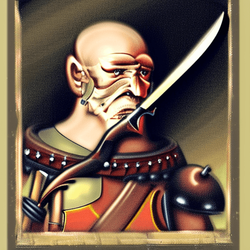 AI generated: Portrait of a mid-age warrior with a longsword and a roundshield in the style of The Dark Eye