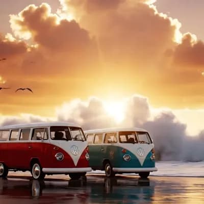 AI generated video: two classic vw split window buses are parked in a row on a glistening beach with large translucent ,...