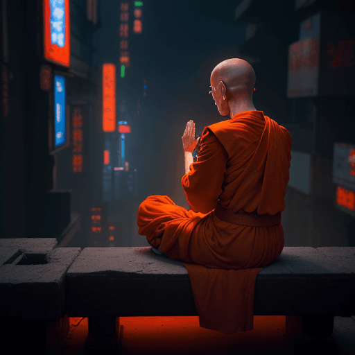 AI generated: wise old buddhist monk looking at a cyberpunk buddhist temple from afar, a cyberpunk buddhist monk s...